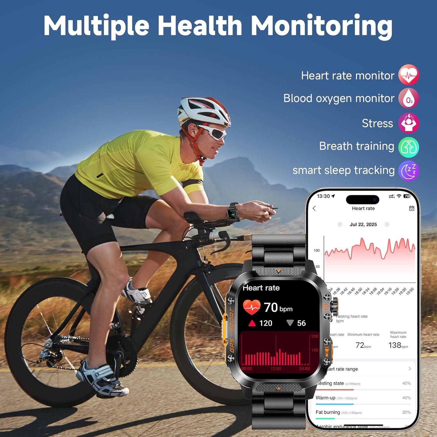 GPS Smart Watch for Men (Answer/Make Calls), 2.01'' Military Rugged Smartwatches for Android iPhone Fitness Tracker with Compass/10 Days Battery/Heart Rate/Sleep/100+ Sport Modes(2 Straps) - Image 6