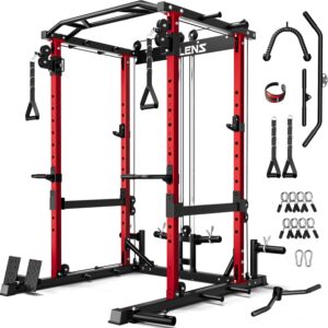 JELENS C12 Squat Rack for Home Gym, 2000LBS Power Rack with Adjustable Pulley System, Power Cage Workout Equipment with LAT Pulldown and Training Attachment
