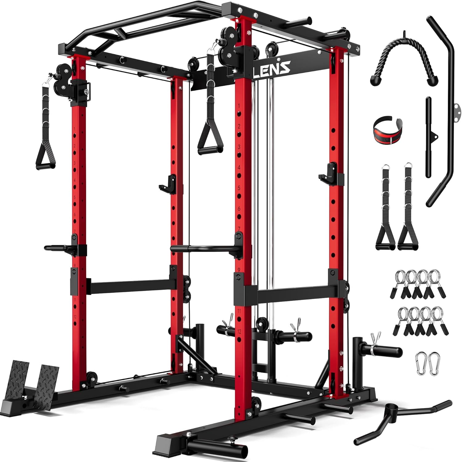 JELENS C12 Squat Rack for Home Gym, 2000LBS Power Rack with Adjustable Pulley System, Power Cage Workout Equipment with LAT Pulldown and Training Attachment