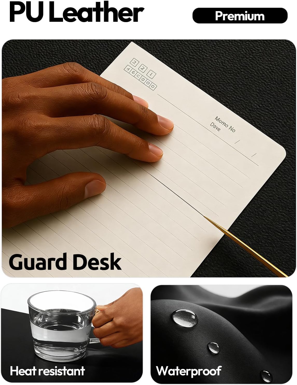 YSAGi Leather Desk Protector, Office Mat, Large Mouse Mat, Non-Slip PU Leather Blotter, Laptop Desk Mat, Waterproof Writing Pad for Office and Home (Black, 31.5" x 15.8") - Image 3