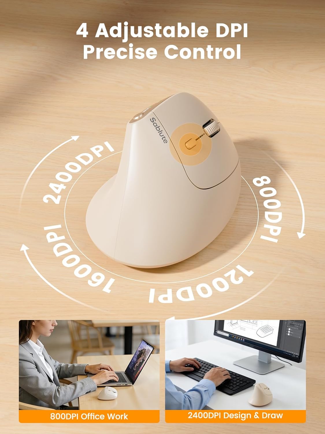 SABLUTE MAM3 Ergonomic Mouse, Rechargeable Wireless Vertical Mouse with 4 Adjustable DPI for Small/Medium Hands, Dual-Device Connectivity for Computer/PC/Laptop,Bluetooth Mouse for Window,Mac OS,Beige - Image 6