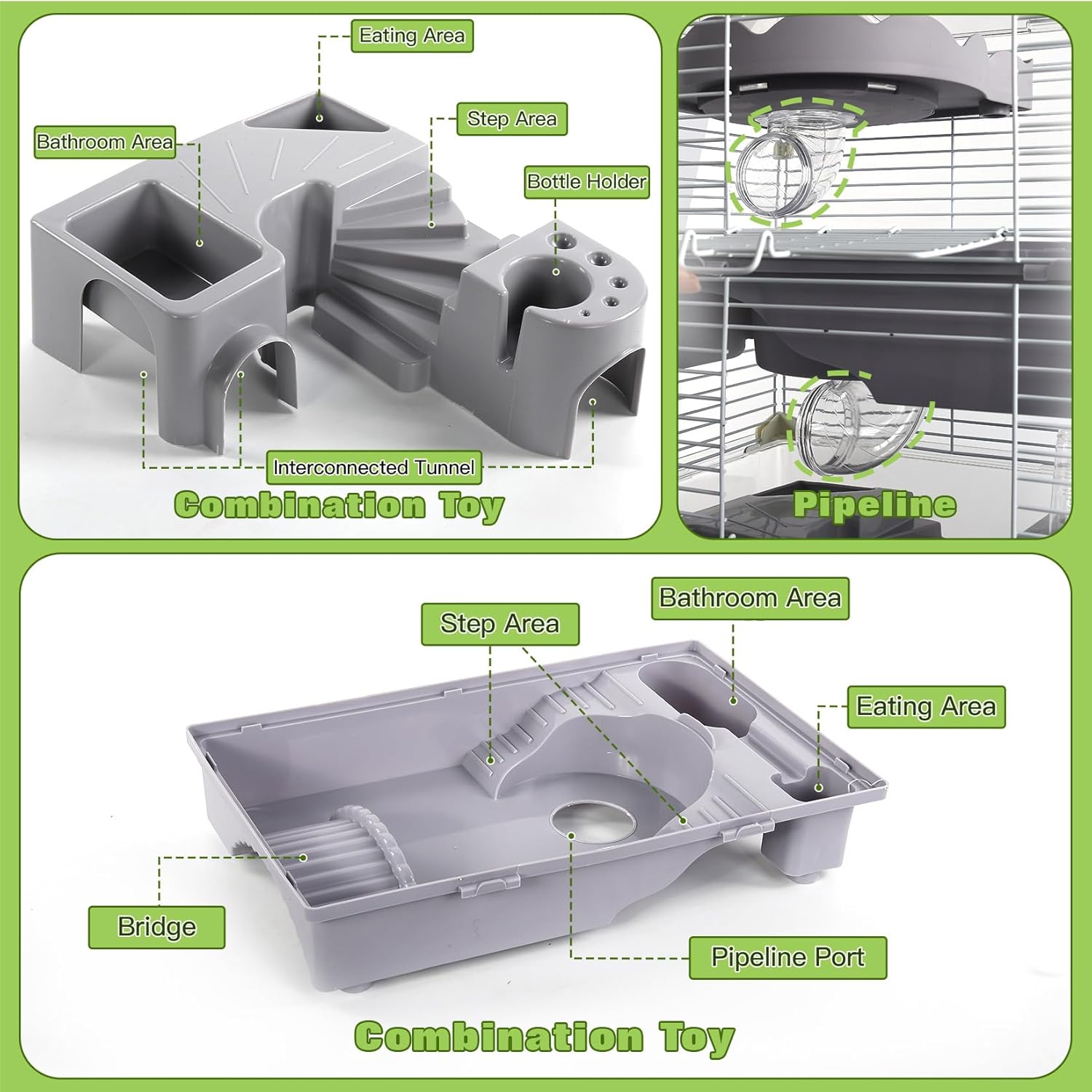 3-Tier Hamster Cage Starter Kit 18″Lx11″Wx23″H for Dwarf Hamsters Only with 2 Platforms, 3 Tube Ports, Bathtub, Food Bowl, Steps, 2 Silent Wheels, 3 Doors, House, Water Bottle - Image 3