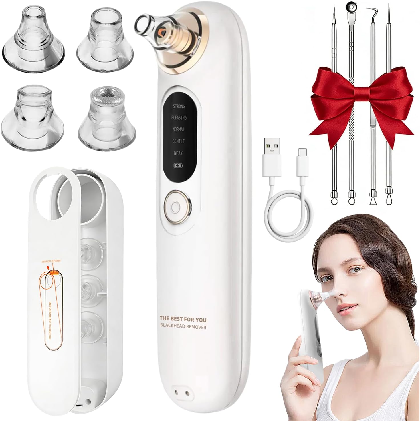 2026 Upgraded 5-Speed Blackhead Remover Vacuum, Type-C Rechargeable Blackhead Extractor with 4 Removable Heads, Black Head Extractor Tool for Women and Men, White Heads Removal for Face & Nose