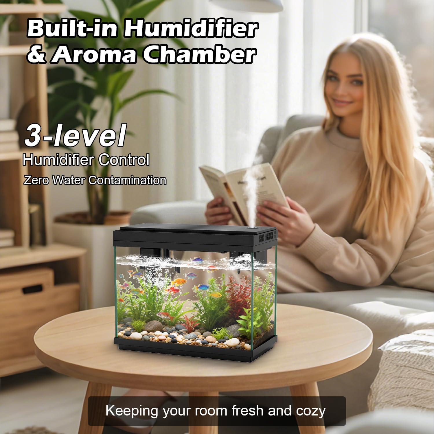 Smart Aquarium Fish Tank with Silent Water Pump, 2.4 Gallon Small Aquarium with Quick Start Kit, Temperature Display, Humidifier and RGB Lights, Perfect for Home, Office, and Decor, Black - Image 7