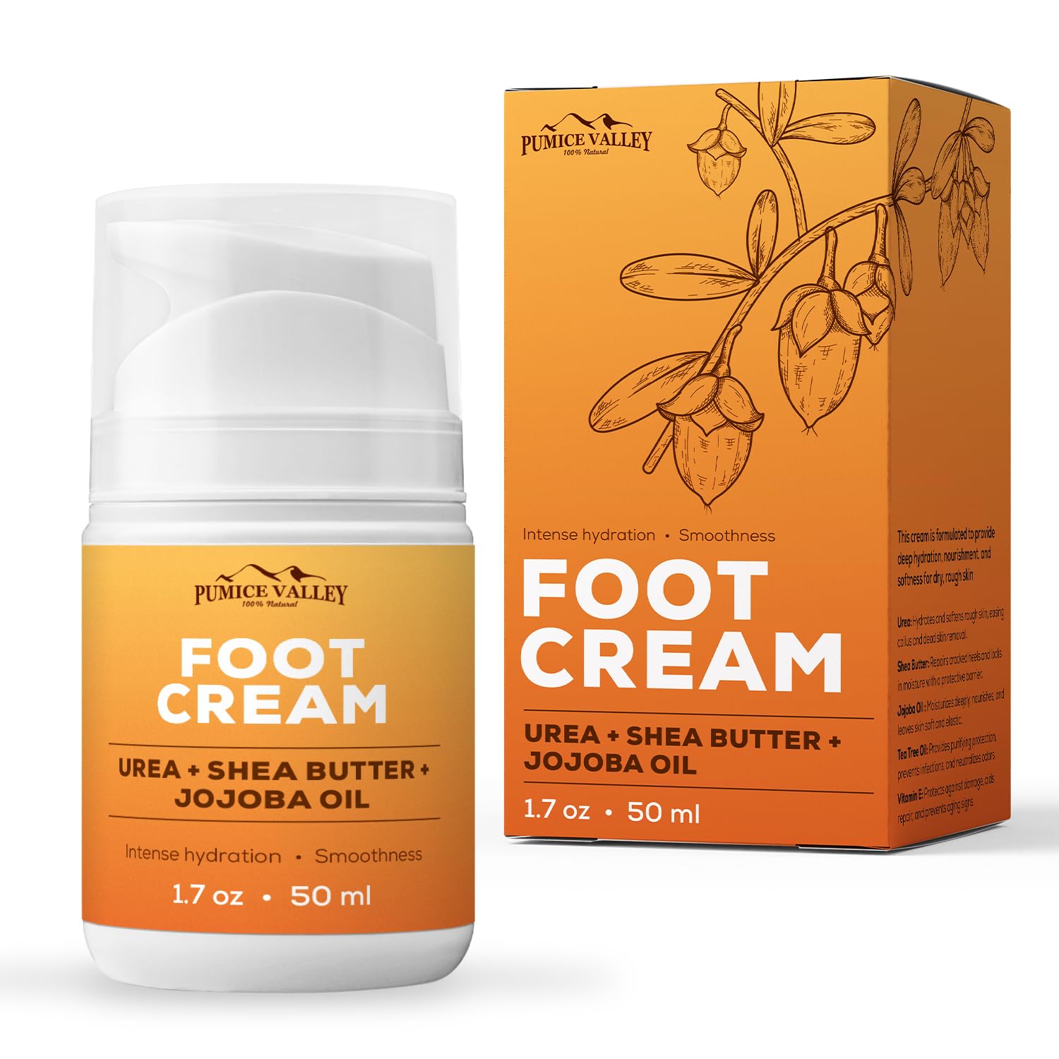 Pumice Valley Urea Foot Cream for Dry Cracked Heels and Feet - Foot Moisturizer & Heel Cream for Calluses and Rough Skin - Shea Butter, Jojoba Oil, Vitamin E - 1.7 oz