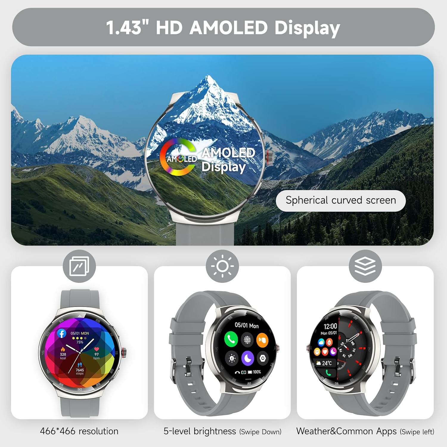 Smart Watches for Men Women, 1.43'' AMOLED Touchscreen Smartwatch for Android & iPhone, 150+ Sports Modes, Waterproof Fitness Tracker, Heart Rate/SpO2/Stress/Sleep Monitor, 2 Bands, Silver - Image 3