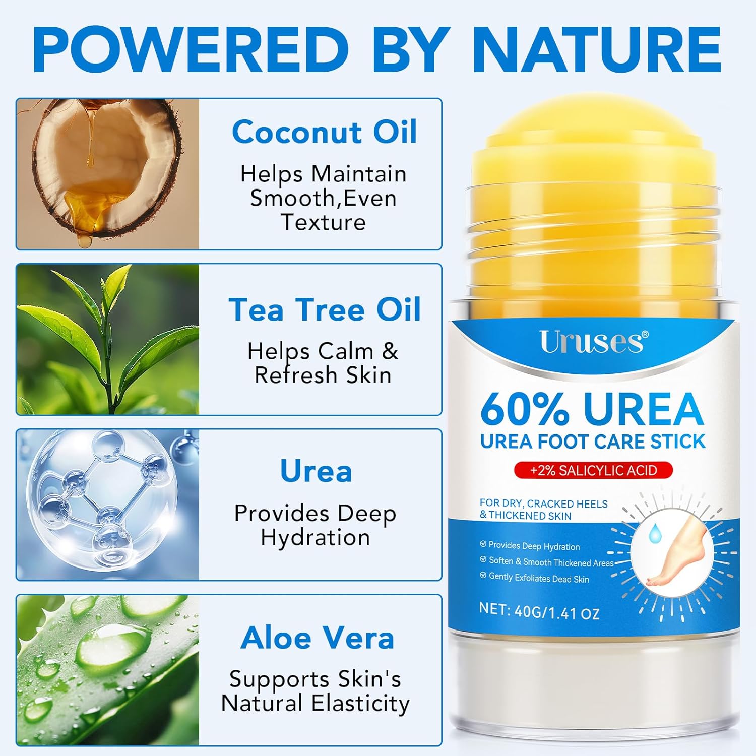 Uruses 3Pack Urea Cream 60% plus Salicylic Acid 2% Urea Foot Care Stick,Foot Cream for Foot Callus Remover, Feet Moisturizer Stick for Dry Cracked Heels, Hands, Knees,Hydrating Heel Balm, Easy To Use - Image 4