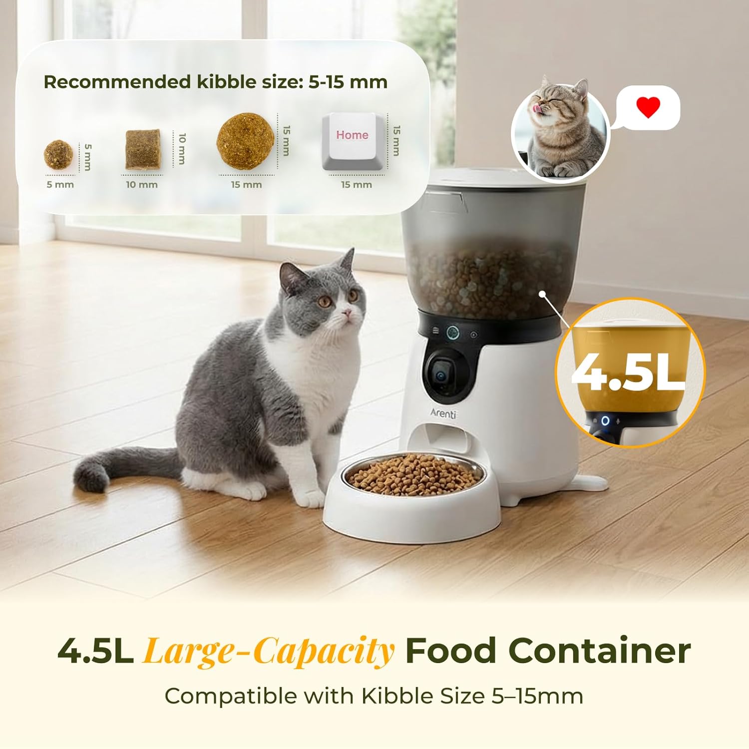 ARENTI Automatic Cat Feeder and Water Dispenser with Camera, 2K Adjustable View & Invisible Privacy Mode, 4.5L Cat Food Dispenser Fountain Combo, 5G/2.4G WiFi, 2-Way Audio, AI Alerts, Battery Backup - Image 4