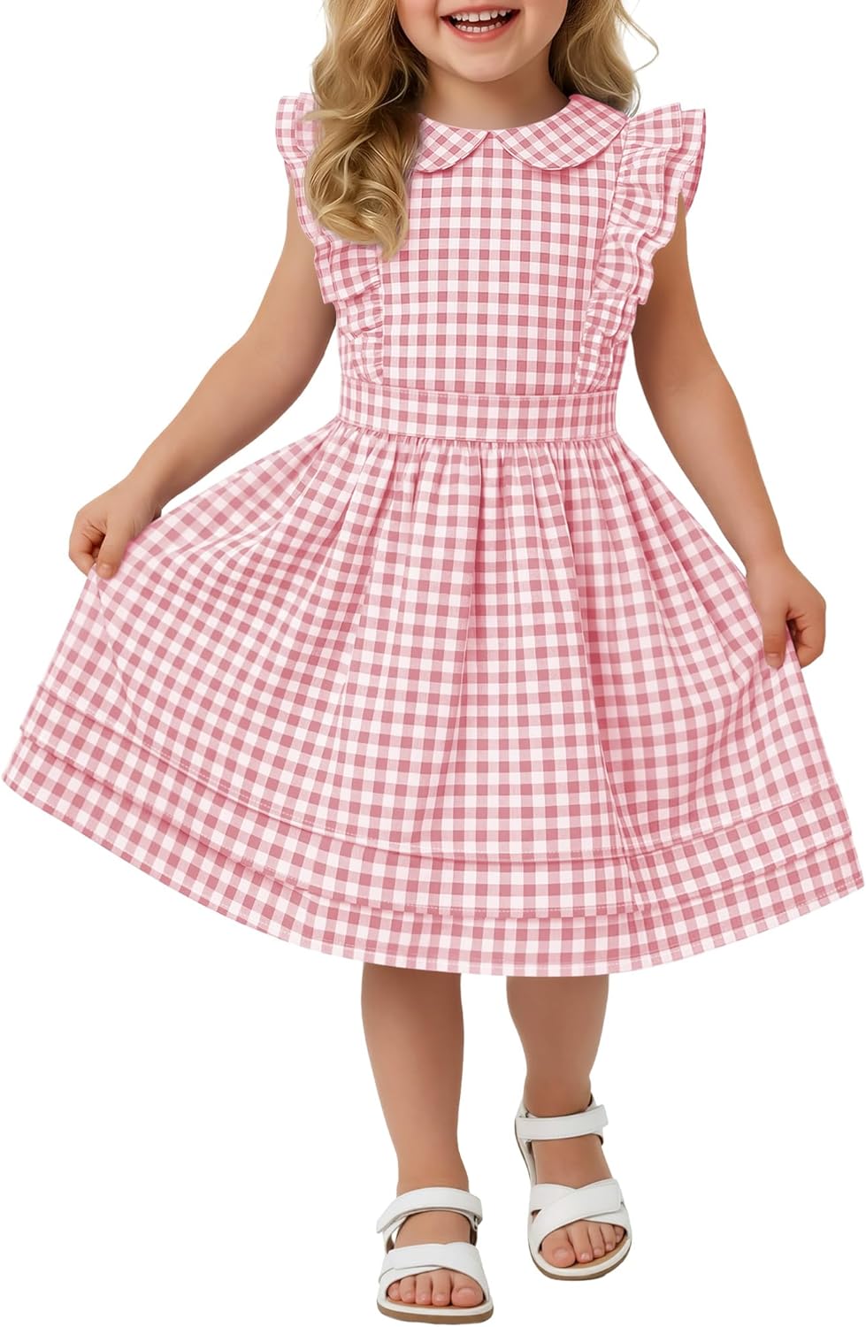Yooo's Vivi Toddler Girls' Dress Gingham Midi Baby Plaid Dress Ruffle Sleeves Doll Collar Summer Outfits with Zipper 18M-5T
