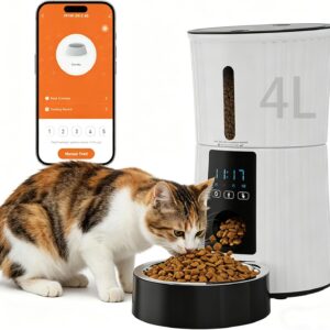 DUMOS Automatic Cat Feeder, 4L WiFi Timed Cat Food Dispenser with APP Control, 10s Voice Recorder, Dual Power Supply, Indoor Programmable Pet Feeder with Desiccant for Small Cats and Dogs, White