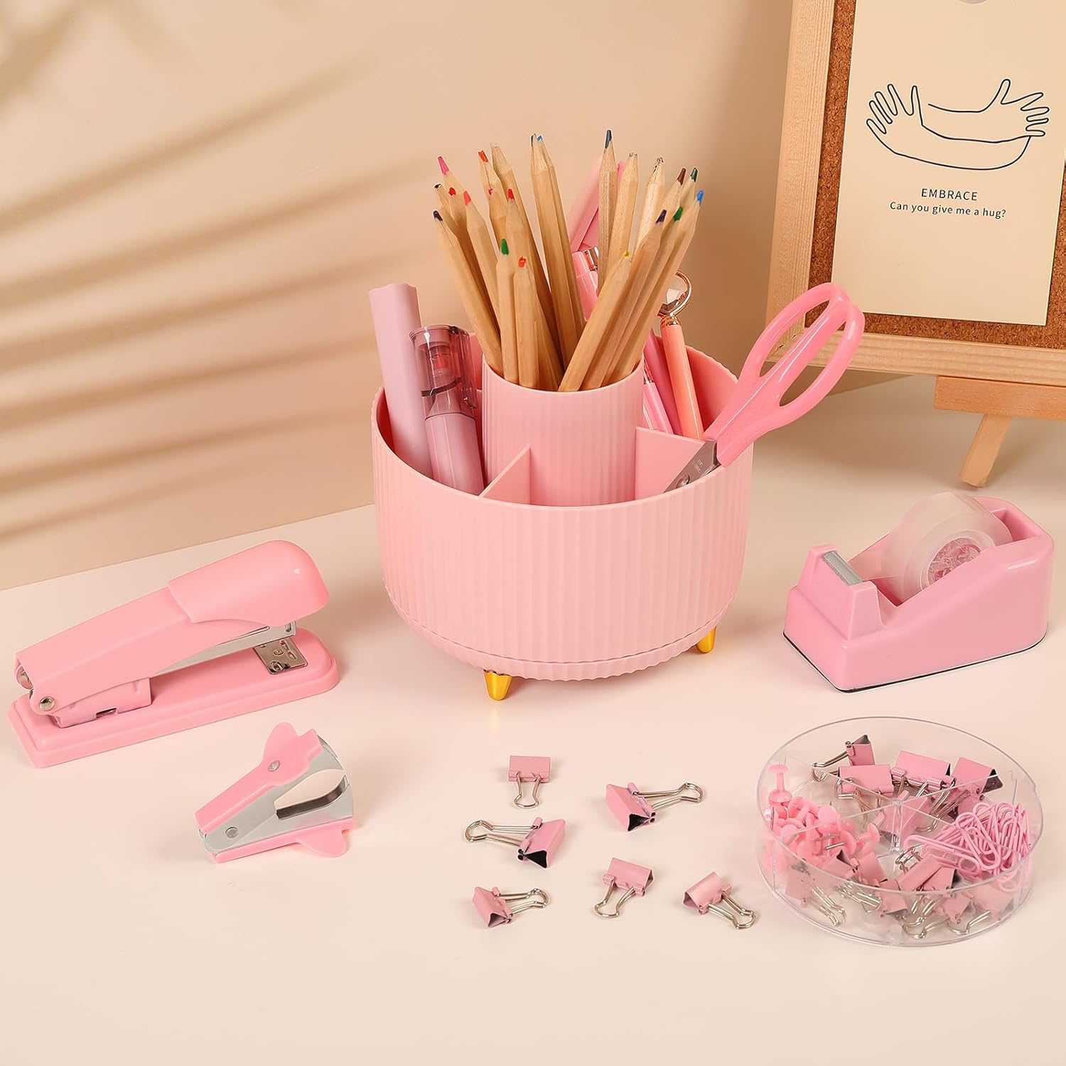 SKYDUE Pink Desk Accessories 10Pcs, Rotating Pen Holder for Desk, Stapler, Staple Remover, Tape Dispenser,2pcs Tape Refills, Binder Paper Clips Kit, Scissor,Pink Office School Supplies - Image 2