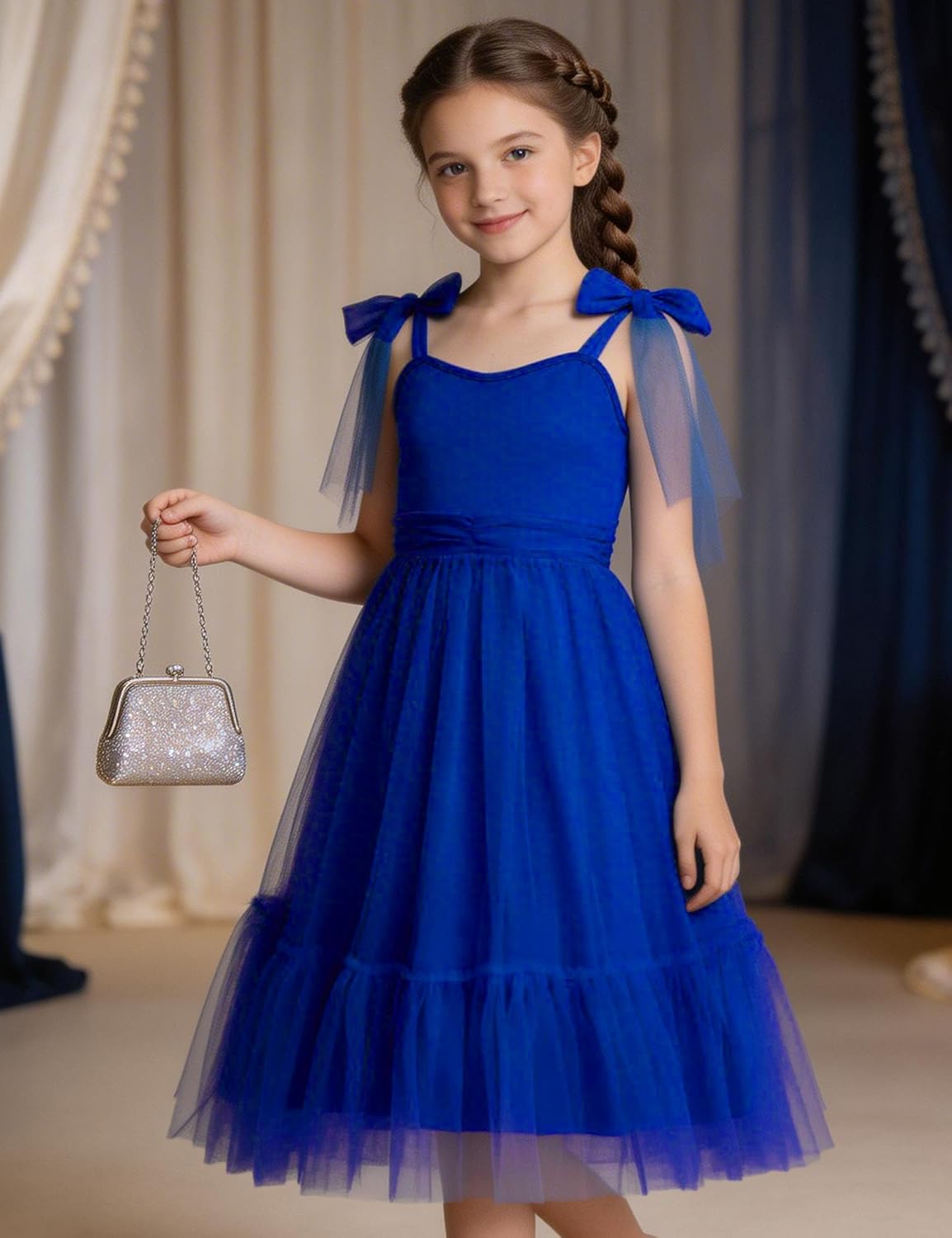 Arshiner Girls Dresses Summer Sleeveless Bow-Tie Straps Birthday Party Long Tulle Dress - Image 4