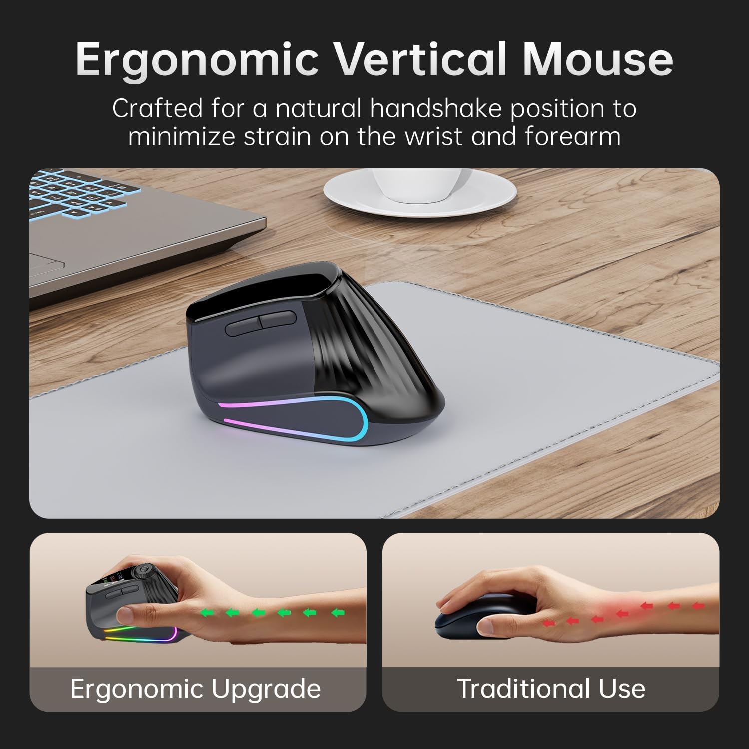 Ergonomic Vertical Mouse Wireless, Bluetooth Ultra-Fast Scrolling 4800 DPI Rechargeable Ergo Mouse, 2.4G Quiet Clicks 6 Buttons RGB Optical Mice, 3 Multi-Device Connectivity for Mac, Laptop - Black - Image 2