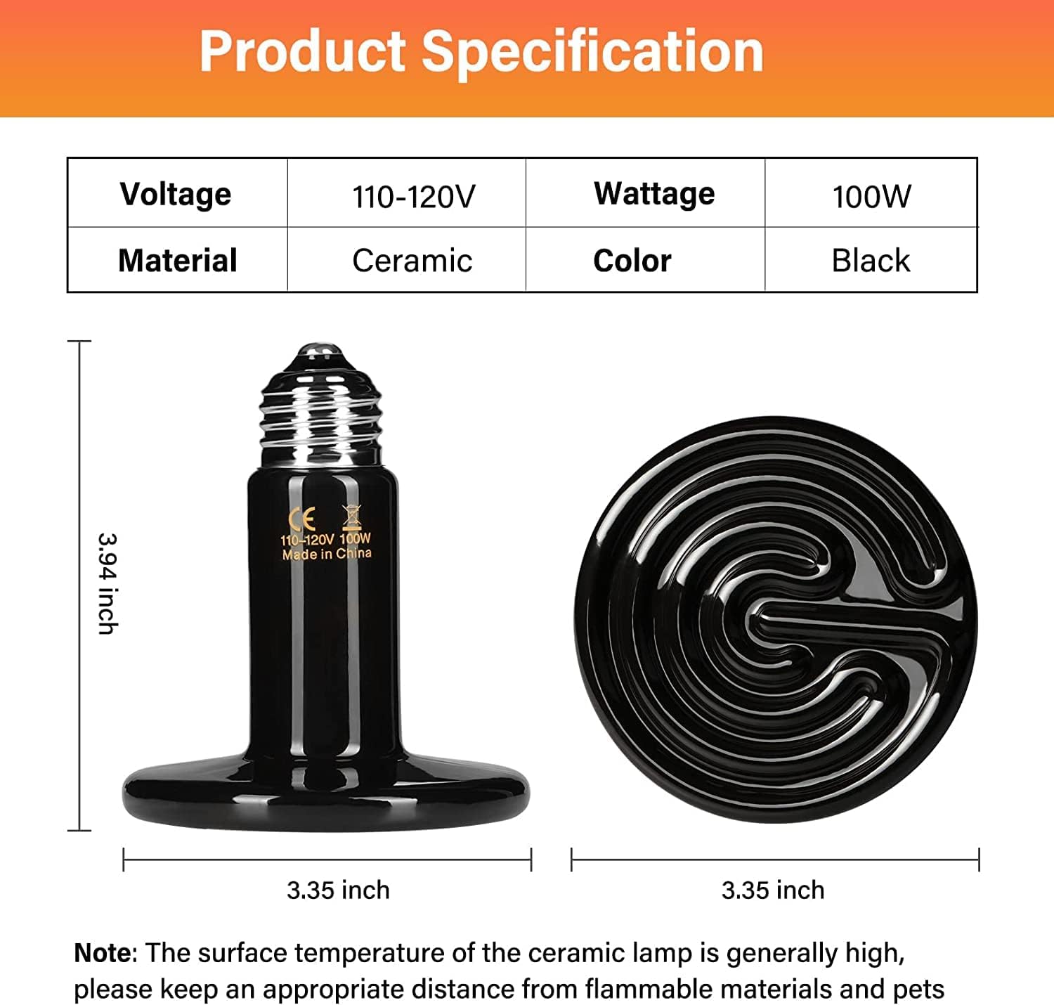HealSmart Reptile Heat Lamp 100W 2-Pack Ceramic Heat Emitter, No Light Emitting Heat Bulbs for Amphibian Pet Brooder Coop Incubating Chicken, Lizard Bearded Dragon Turtle Snake Terrarium Black - Image 2