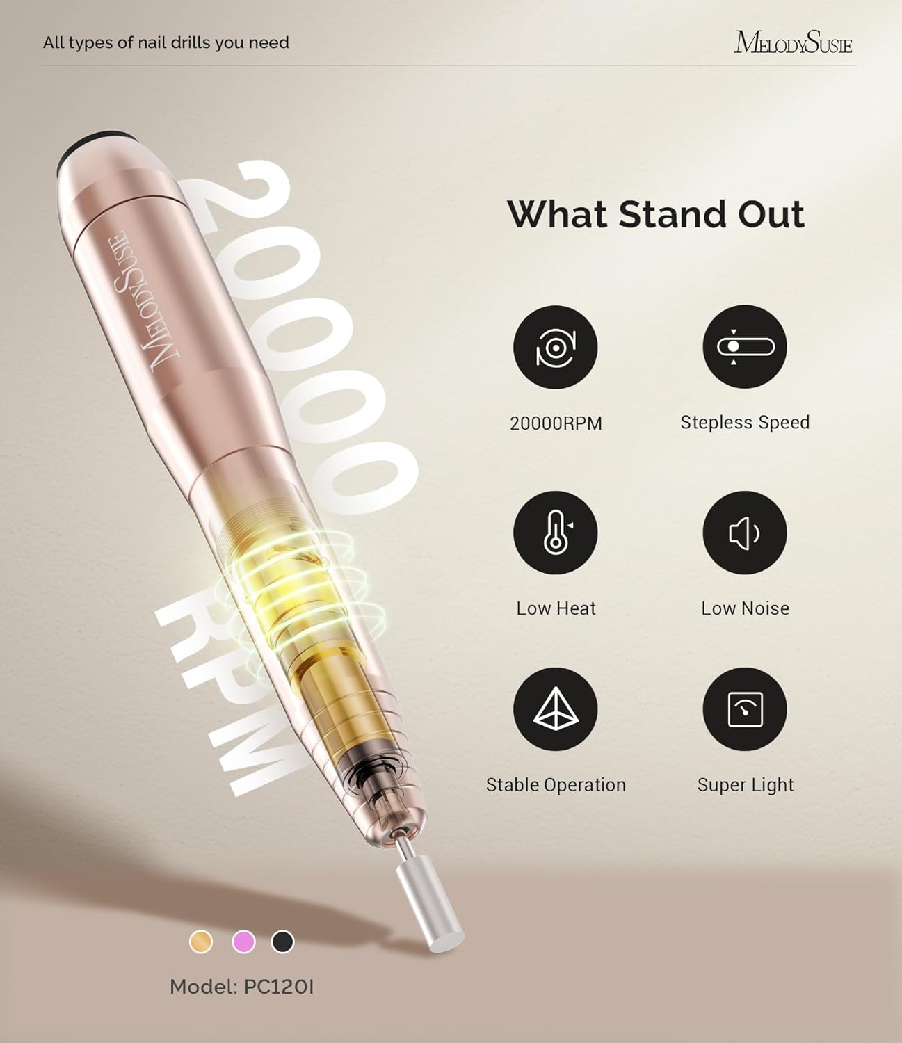 MelodySusie Pen-Shaped Portable USB Nail Drill, PC120I 20000RPM Electric Nail File with Compact Design for All Nail Care, Manicure Polishing, Shaping & Gel Removal at Home for Beginners - Image 4