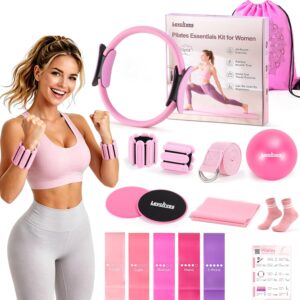 Home Pilates Workout Kit for Women with Guide Video, 12″ Pilates Ring and Ball Set, Resistance Bands, Ankle Weight Accessories Workout Essentials Starter Kit for Beginners 28-Day Challenge