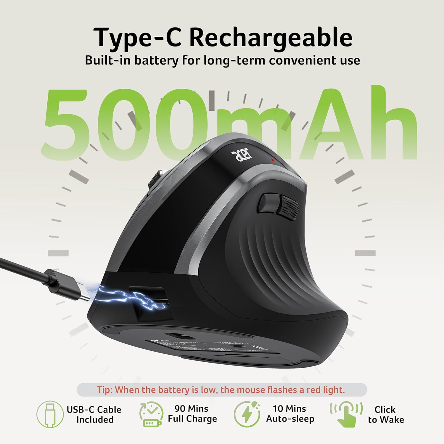 acer Ergonomic Mouse Wireless, Vertical Computer Mouse for Office, Ergo Mice Rechargeable for Medium to Large Sized Hands, 2.4GHz USB Receiver, 800/1200/1600 DPI, 6 Buttons for Laptop, PC and Desktop - Image 5