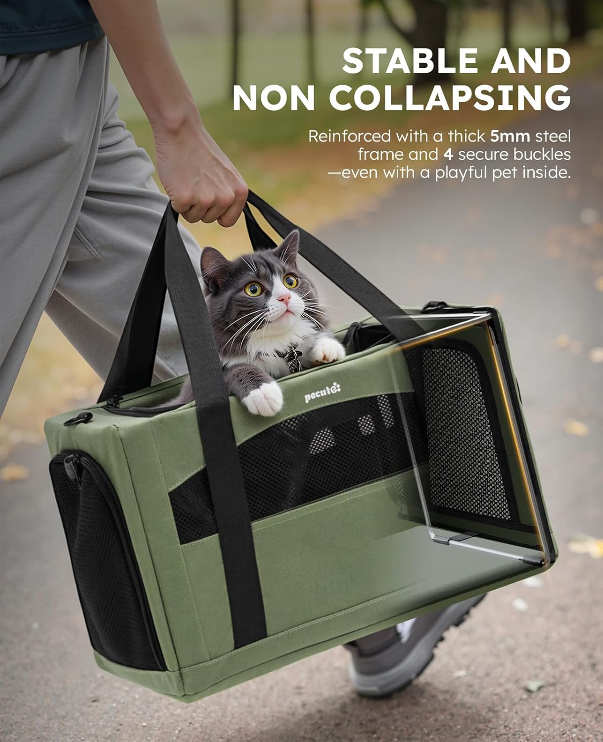 Pecute Cat Carrier Stable, Pet Carrier with Hidden Anxiety Relief Partition & Stable Steel Frame, Safe Cat Carrier for Car Travel, Soft-Sided Dog/Cat Carrier Bag for Pets Up to 11lbs, Green - Image 2