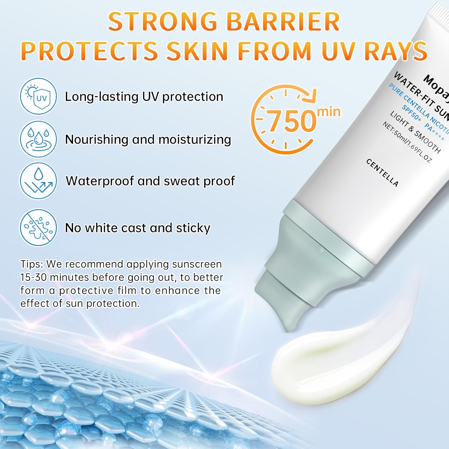 Centella Sunscreen SPF 50, Hyalu Cica Sunscreen for Face, Water Resistant Strong UV Protection No White Cast, Madagascar Face Sun Screen Oil Free, Water Fit Sun Serum(Blue 1) - Image 3