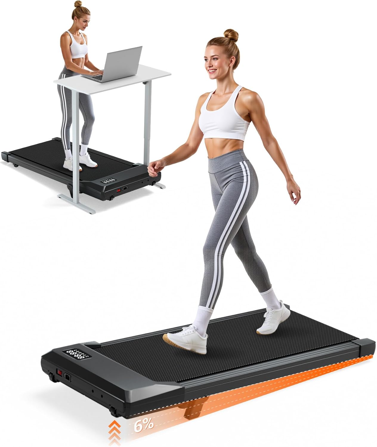 Walking Pad with 6% Incline, 300LBS Capacity Under Desk Treadmill for Home Office, Quiet Portable Mini Treadmill with App & Remote Control, No Assembly, Slim Design for Small Spaces