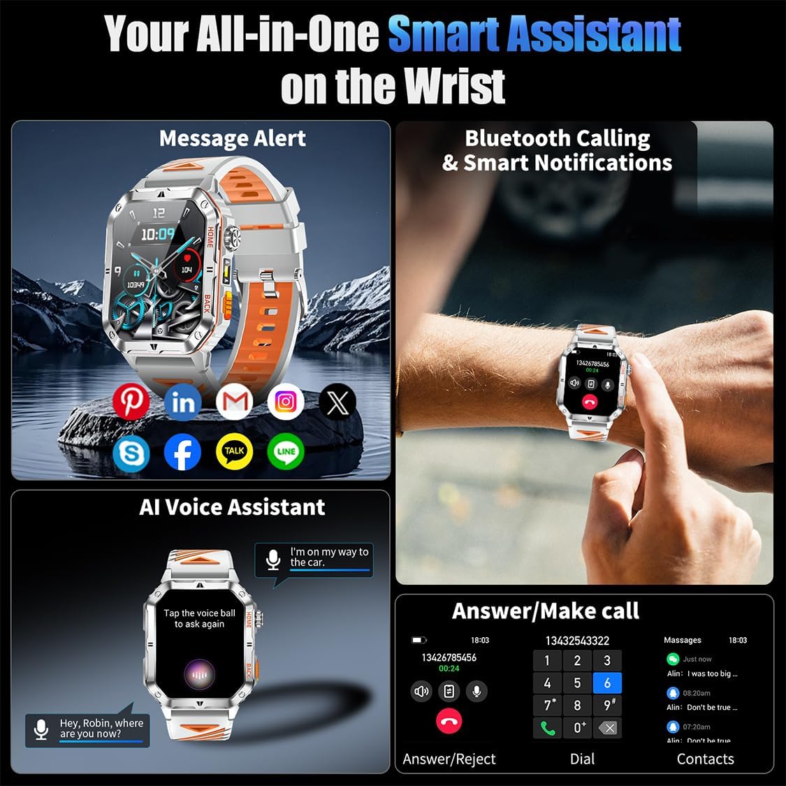 Military Smart Watch for Men, 2.01” Fitness Tracker with 1200mAh Battery Life, Bluetooth Calling, Flashlight, 5ATM Waterproof, Heart Rate & Sleep Tracking, 110+ Sports Modes for Android & iPhone - Image 6