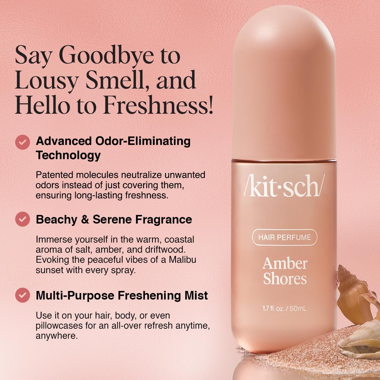 Kitsch Hair Perfume for Women - Amber Shores | Clean, Deodorizing & Patented Odor-Eliminating Technology Hair Spray & Body Mist - Freshen Hair, Body & Pillows - Woody Aquatic Scent - 50mL - Image 2