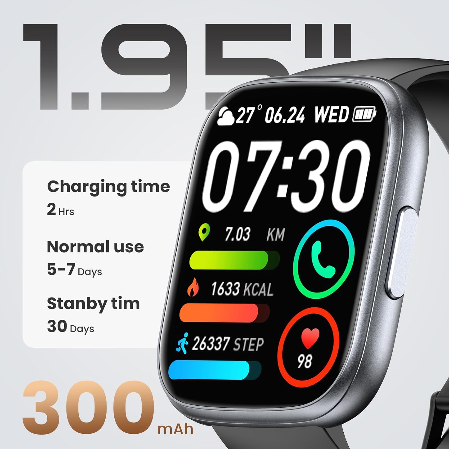 Smart Watch for Men Women (Answer/Make Call), 1.95" Touch Screen Fitness Watch with Heart Rate/Sleep Monitor, IP68 Waterproof Smartwatch for Android iOS, Activity Tracke with 120+ Sports Modes, Black - Image 3