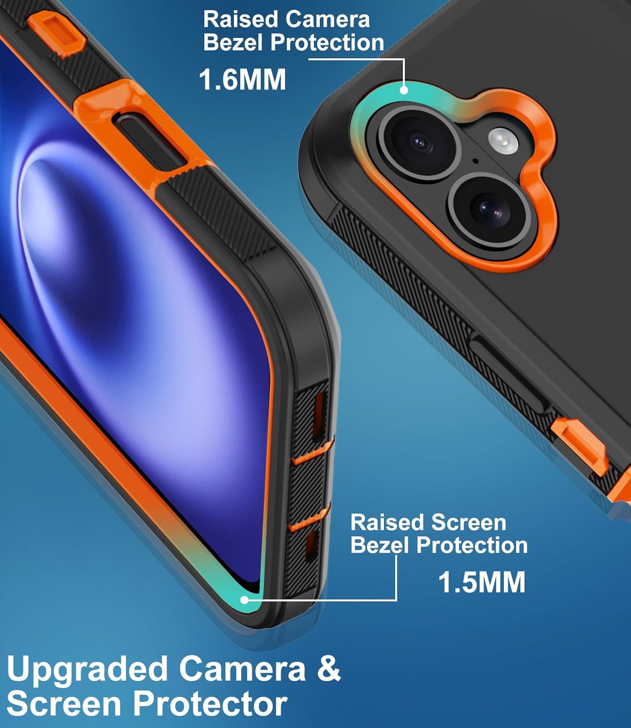 for iPhone 16 Case, with 2 Screen Protector Heavy Duty Drop Protection, Full Body 3 Layer Rugged Shockproof Dust-Proof Tough Protective Phone Cover for Apple iPhone 16 (Black/Orange) - Image 4