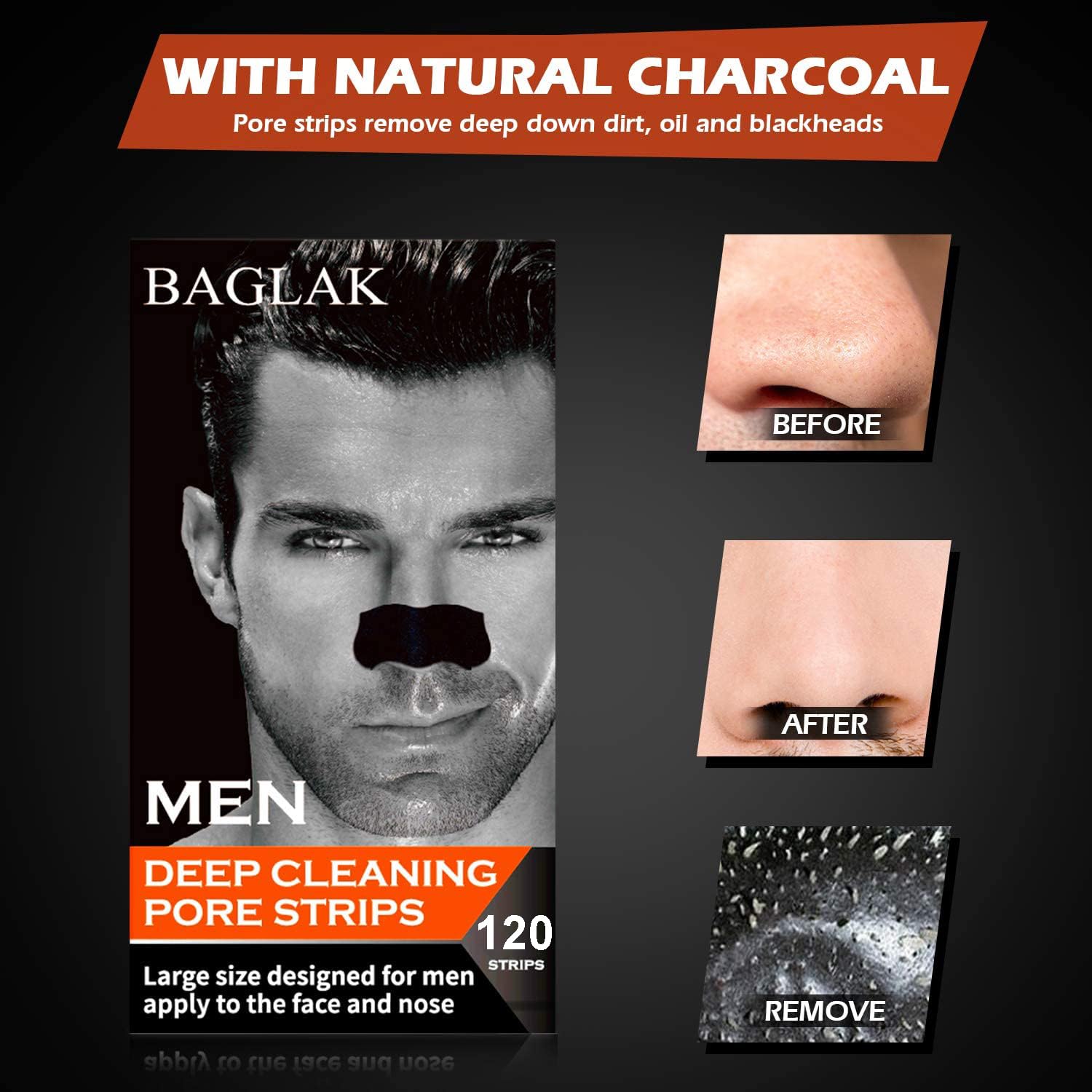 Men Blackhead Pore Strips - 120 Strips - Deep Cleansing - Face Nose Pores - Blackheads Removal - Large Size For Nose+Face - Image 2