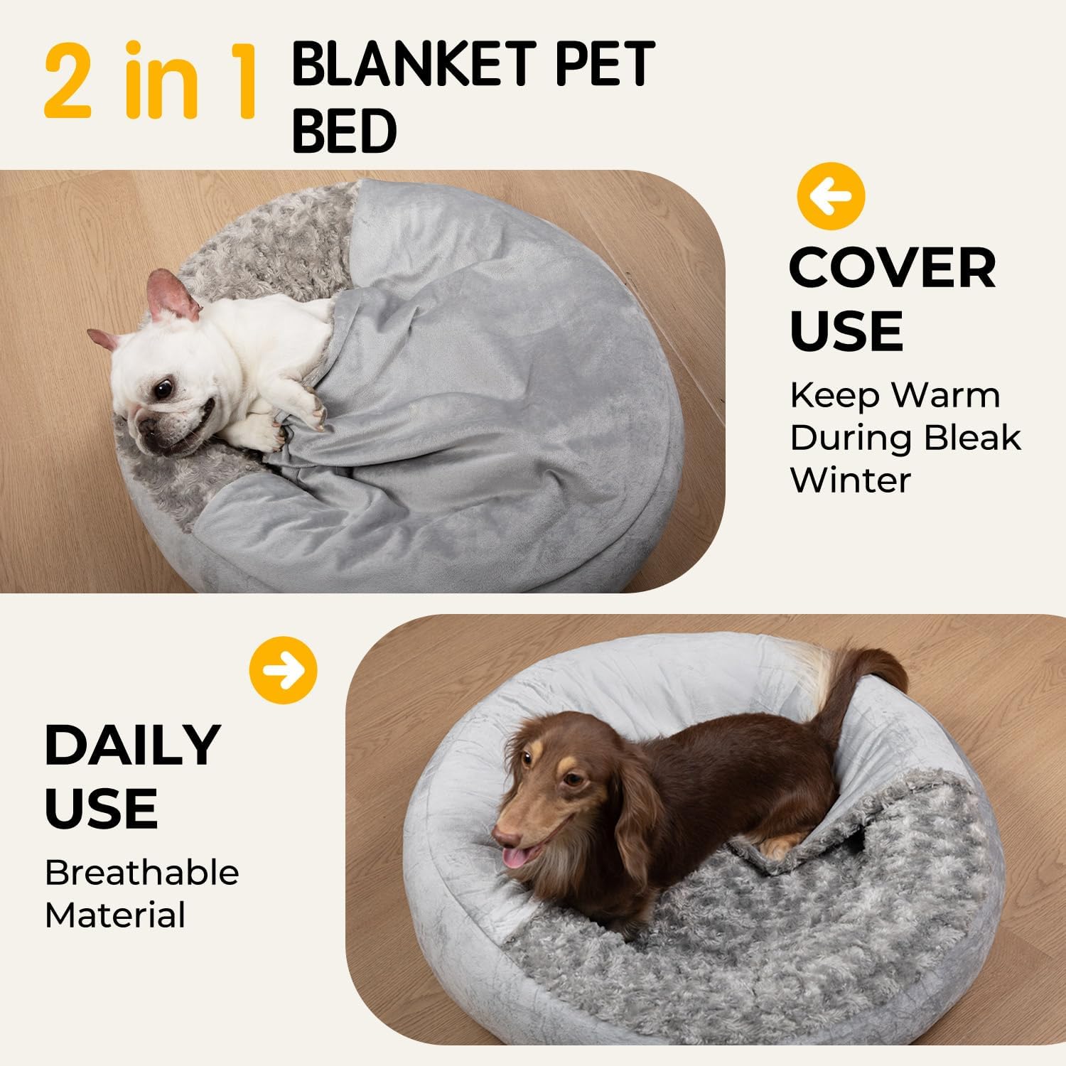 Cave Dog Bed with Blanket Easy to Assemble Donut Round Plush Cozy Cat Pet Bed for Puppy Machine Washable Removable Cover Cat Anti-Slip Bottom Gray 26X26X8 inch - Image 4