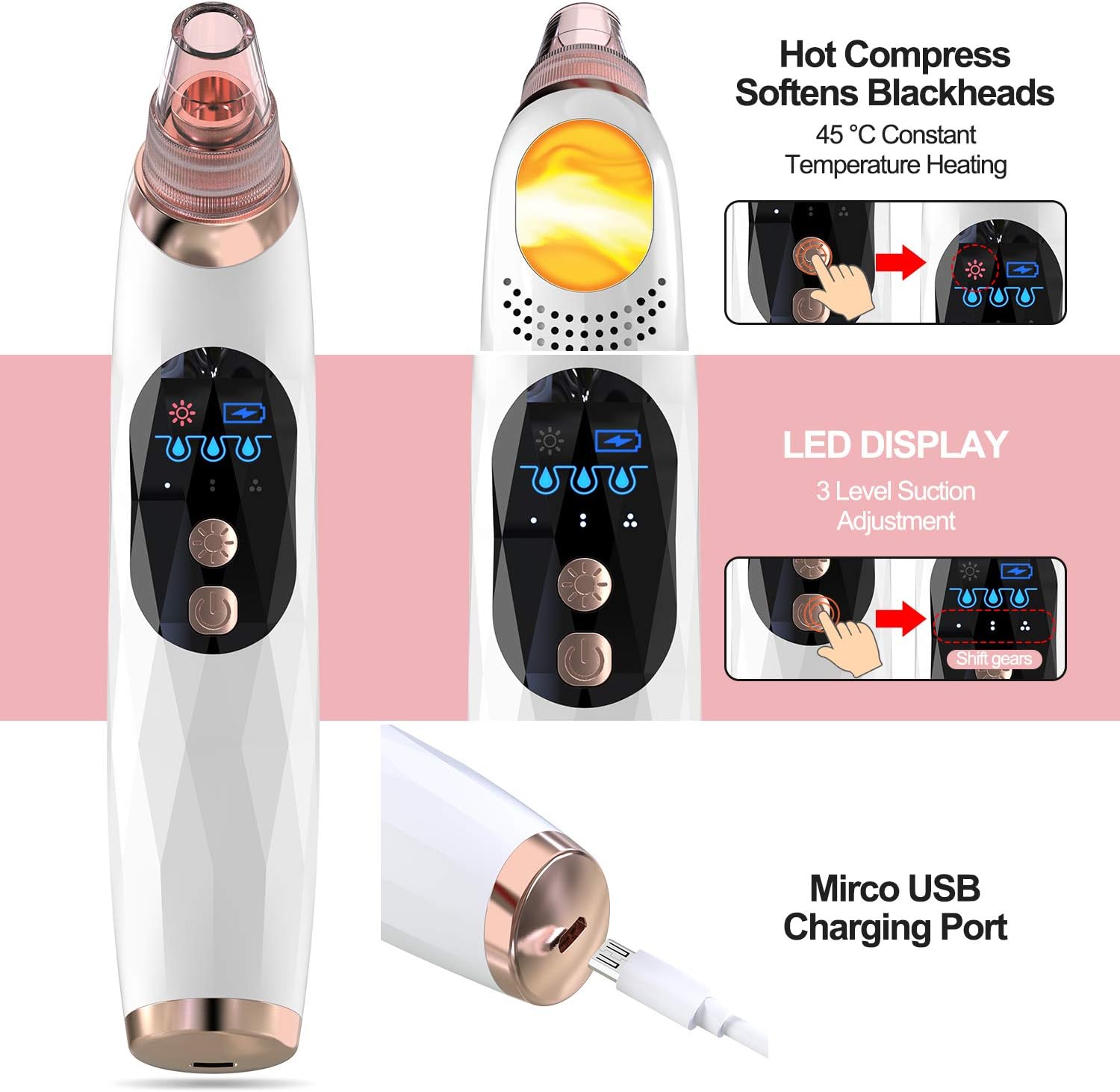 Blackhead Remover Pore Vacuum with Hot Compress-2026 Upgraded Electric Face Cleaner Pore Extractor Pimple Extractor Acne White Heads Removal Tool with 5 Suction Head LCD Screen and Base - Image 2