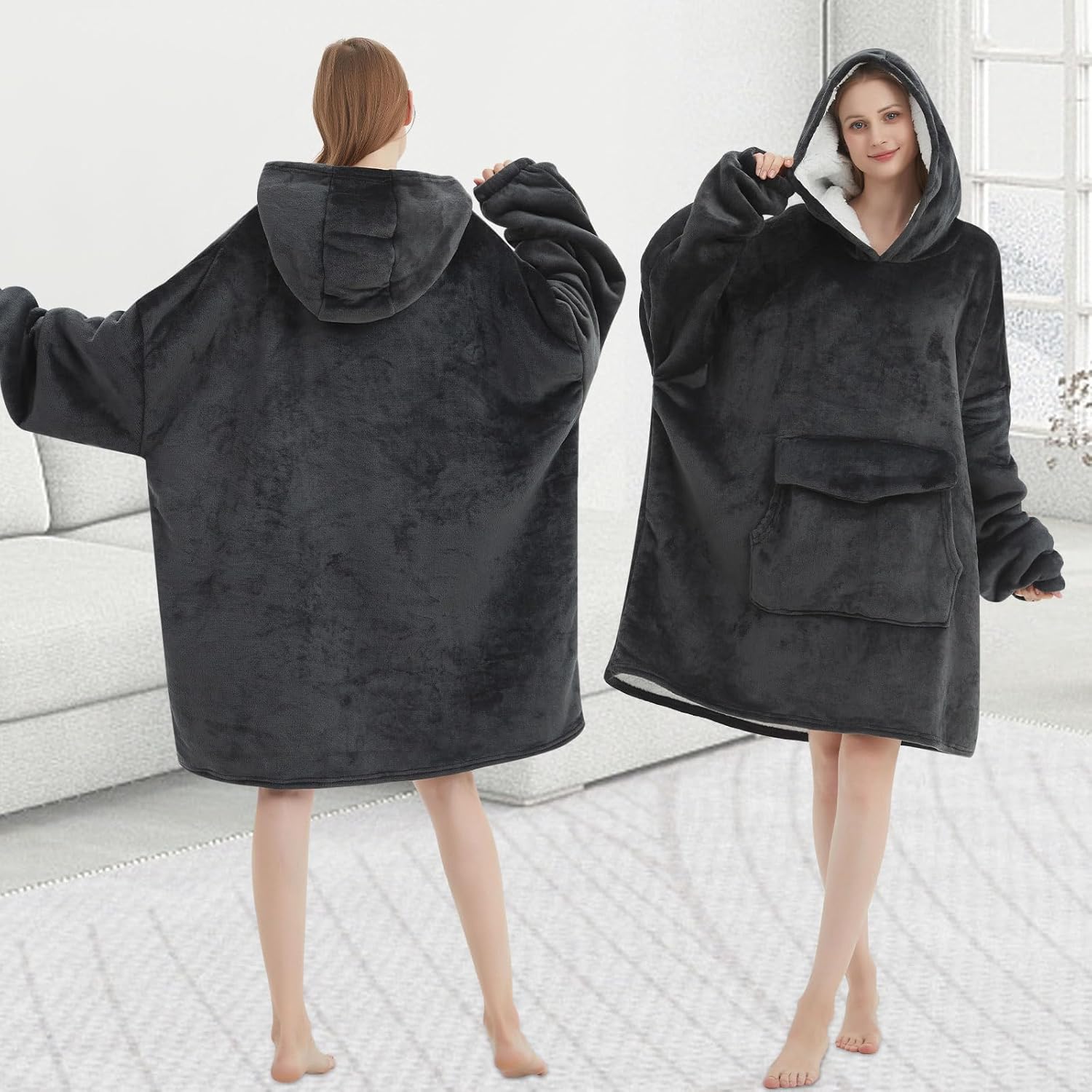 Mewkou Wearable Blanket Hoodie for Adult,Oversized Sherpa Fleece Blanket Hoodie for Women Men,Grey - Image 6