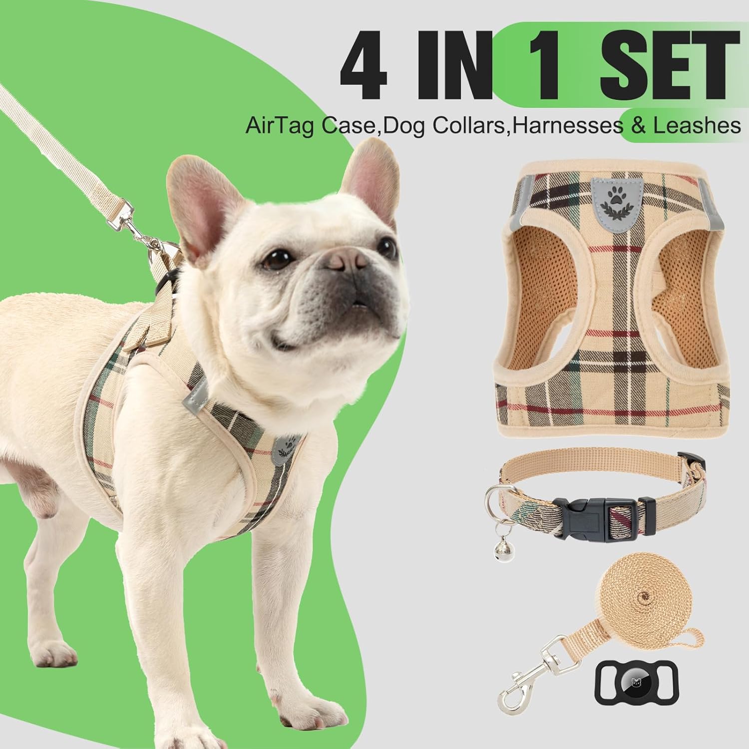 EXPAWLORER Plaid Small Dog Harness and Leash Set with AirTag Holder - No Pull Soft Padded Step in Dog Vest Harness Medium Sized Dog, Reflective Puppy Harness, Collar and Leash for Walking, Khaki S - Image 2