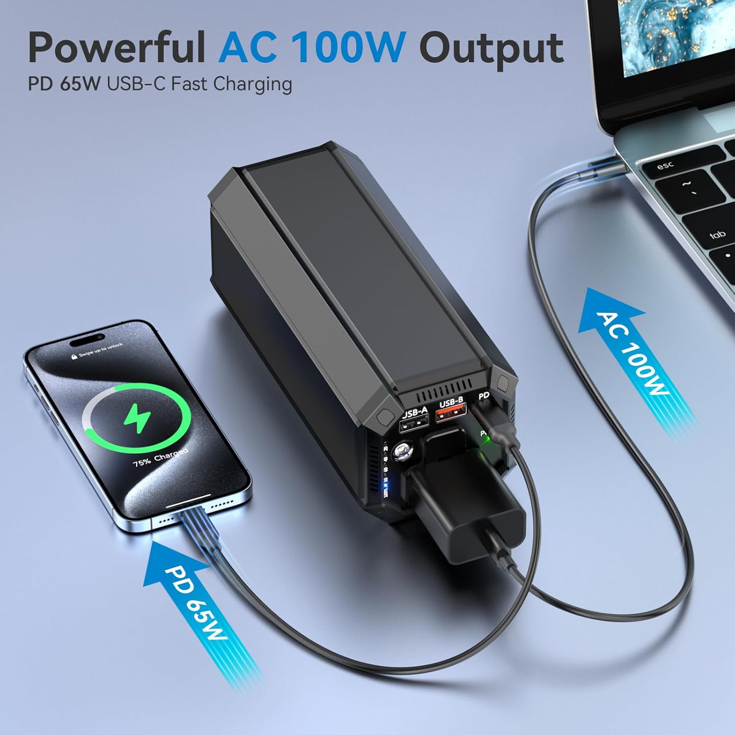 Portable Power Bank with AC Outlet, 100W Portable Laptop Charger, 98Wh/27000mAh High Capacity with 65W PD USB C Laptop Battery Bank, Backup Power Source for Business Travel and Outdoor Activities - Image 2