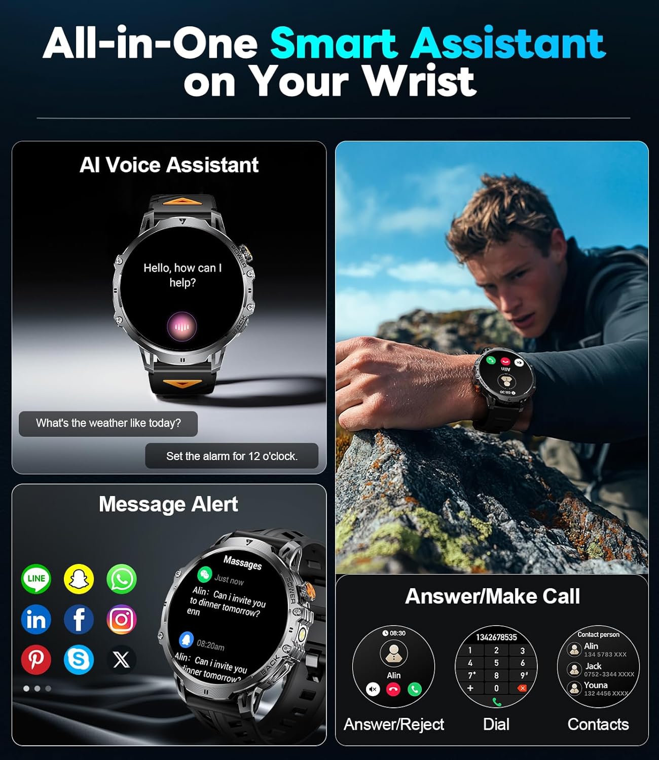 Military Smart Watch for Men, 1.85" HD Large Screen, Bluetooth Call/1000mAh/Flashlight/Heart Rate Sleep Monitor, 110+ Sports Modes Fitness Tracker Watch for Android iOS, Holiday, 3 Straps, Black - Image 3