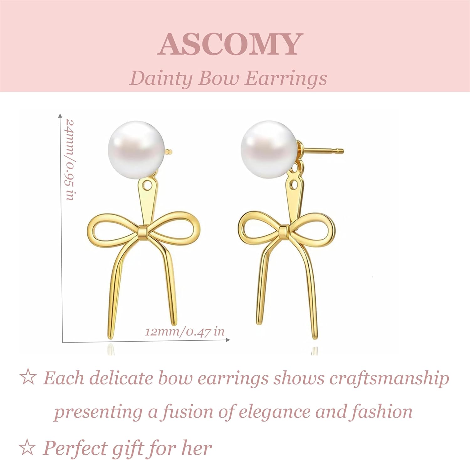ASCOMY Gold Stud Earrings for Women - Dainty Bow 14K Gold/Silver Plated Pearl Earrings - Trendy Cute Ribbon Minimalist Jewelry Gifts for Her - Image 5