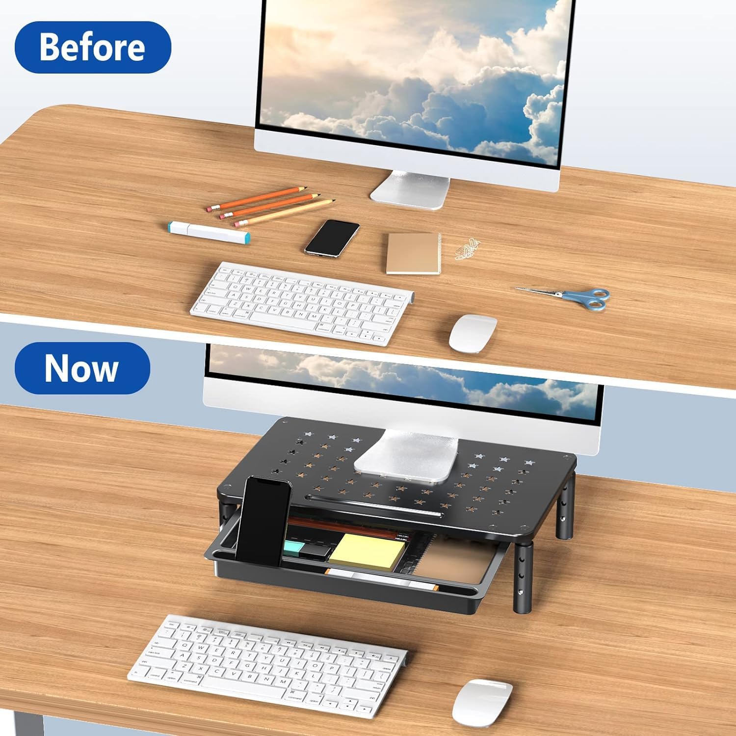 Zimilar 2 Pack Monitor Stand Riser with Drawer - 3 Height Adjustable Metal Monitor Stand with Unique Star Mesh for Computer Laptop Notebook Printer - Image 5