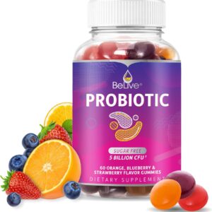 BeLive Probiotic Gummies – Probiotics with 5 Billion CFUs for Digestive Health, Men, Women & Kids – for Immune Support, Sugar Free & Vegan | 60 Ct – Blueberry, Strawberry & Orange