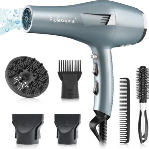 Faszin Ionic Salon Hair Dryer, Professional Blow Dryer AC Motor Fast Drying with 2 Speed, 3 Heat Setting, Cool Button, with Diffuser, Nozzle, Concentrator Comb for Curly & Straight Hair-Gray