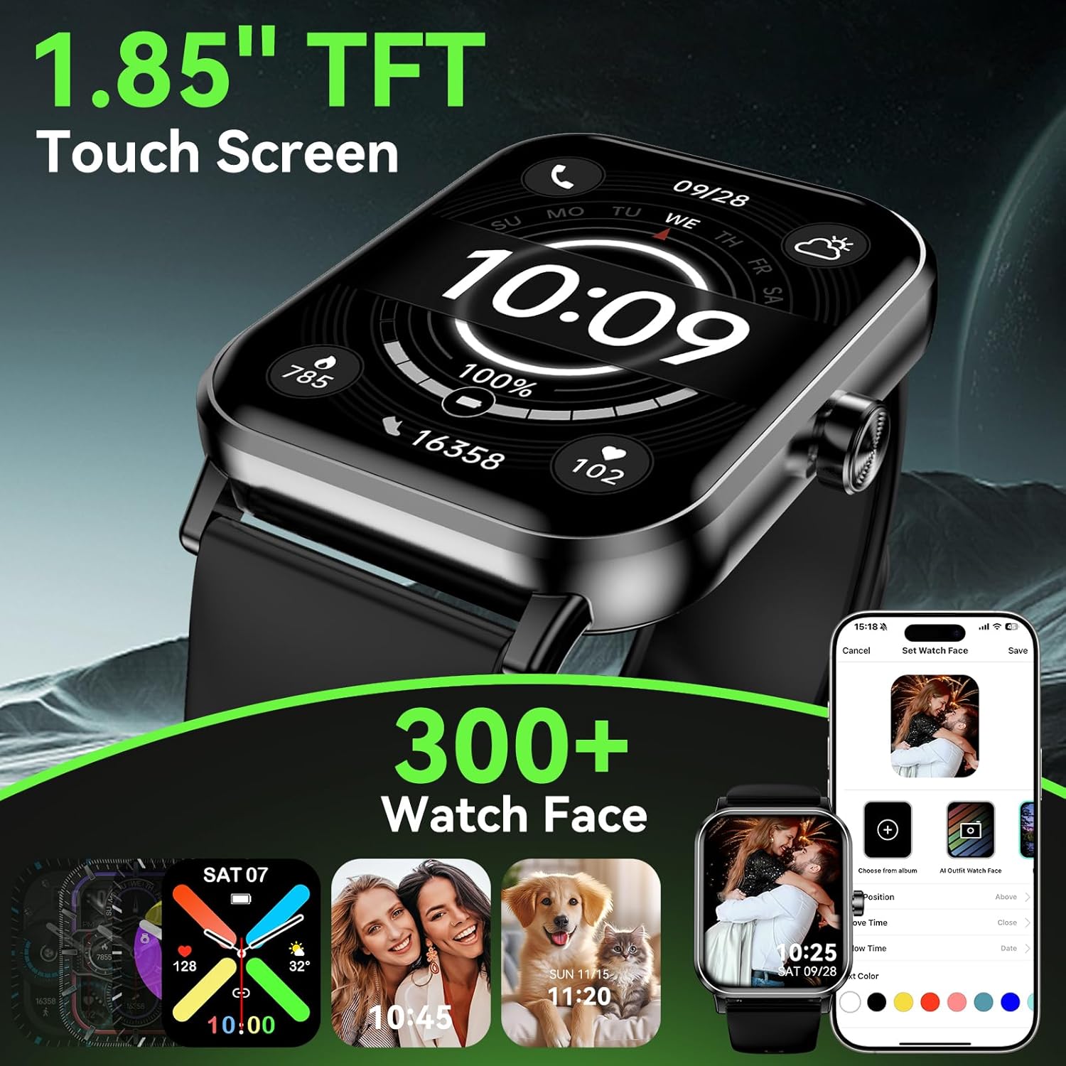 Smart Watch for Men Women, 1.85" HD Fitness Tracker with Bluetooth Calls, 24/7 Heart Rate/Sleep Monitor, 130+ Sport Modes, 5 ATM Waterproof, Pedometer, Calories, Smartwatch for Android iOS (Black) - Image 7