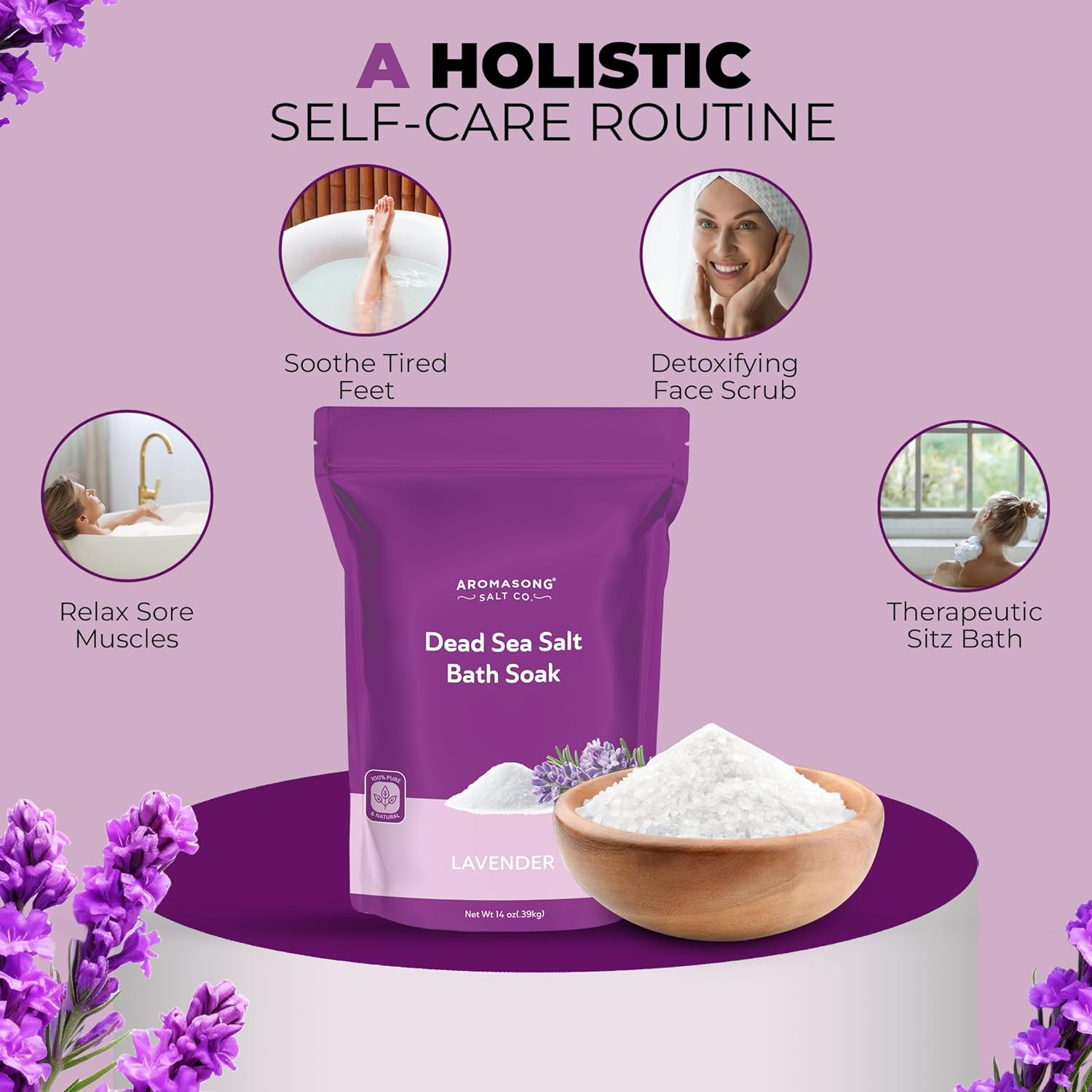 Aromasong Dead Sea Salt for Soaking with Natural Lavender Essential Oil – 14 Oz. Spa Bath Salt Fine Grain 7 Uses Per Pack - for Body Wash Scrub - Soak for Women & Men for Tired Muscles & Skin Issues - Image 4