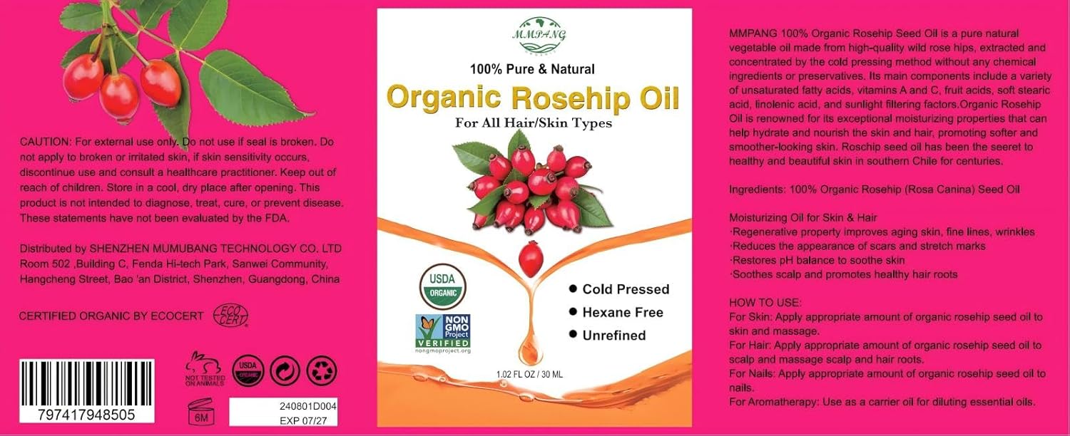 Organic Rosehip Seed Oil for Face, USDA Certified, Cold Pressed, Unrefined, 100% Pure Natural Rose Hip Oil for Anti-Aging, Acne Scar Treatment, Skin & Hair Care, Gua Sha Massage, 1 fl.oz / 30ml - Image 8