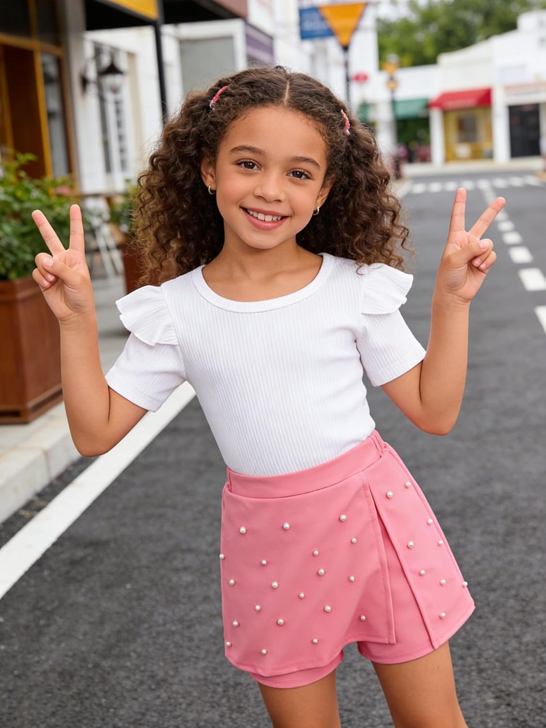 Girls 2 Piece Clothes Ruffled Sleeve Striped Top and Pearl Skirt Short Set Girl Summer Clothes Size 6-12 Years - Image 5