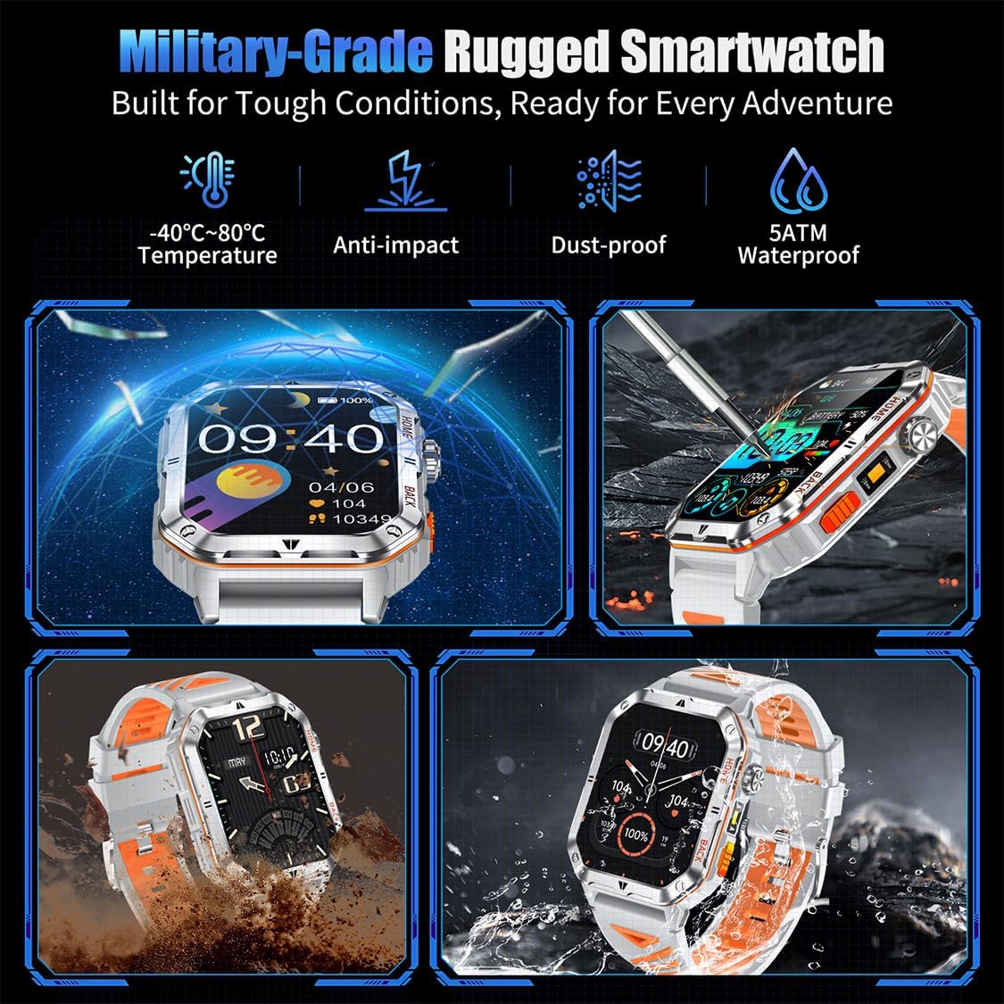 Military Smart Watch for Men, 2.01” Fitness Tracker with 1200mAh Battery Life, Bluetooth Calling, Flashlight, 5ATM Waterproof, Heart Rate & Sleep Tracking, 110+ Sports Modes for Android & iPhone - Image 5