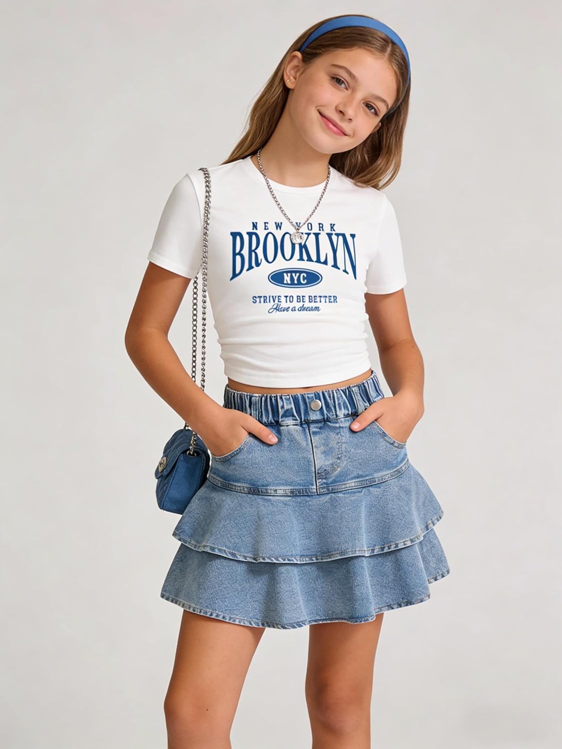 Cakaner Tween Girls Skirt Set Short Sleeve T-Shirt and Ruffle Tiered Denim Skirt Summer Casual 2 Piece Outfit Size 7-14 - Image 2