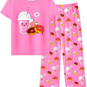Sylfairy Girls Pajamas 2-Piece Pjs Set Kids Short Sleeve and Pants Jammies Casual Wear Girls Sleepwear Lounge Clothes Big Kid