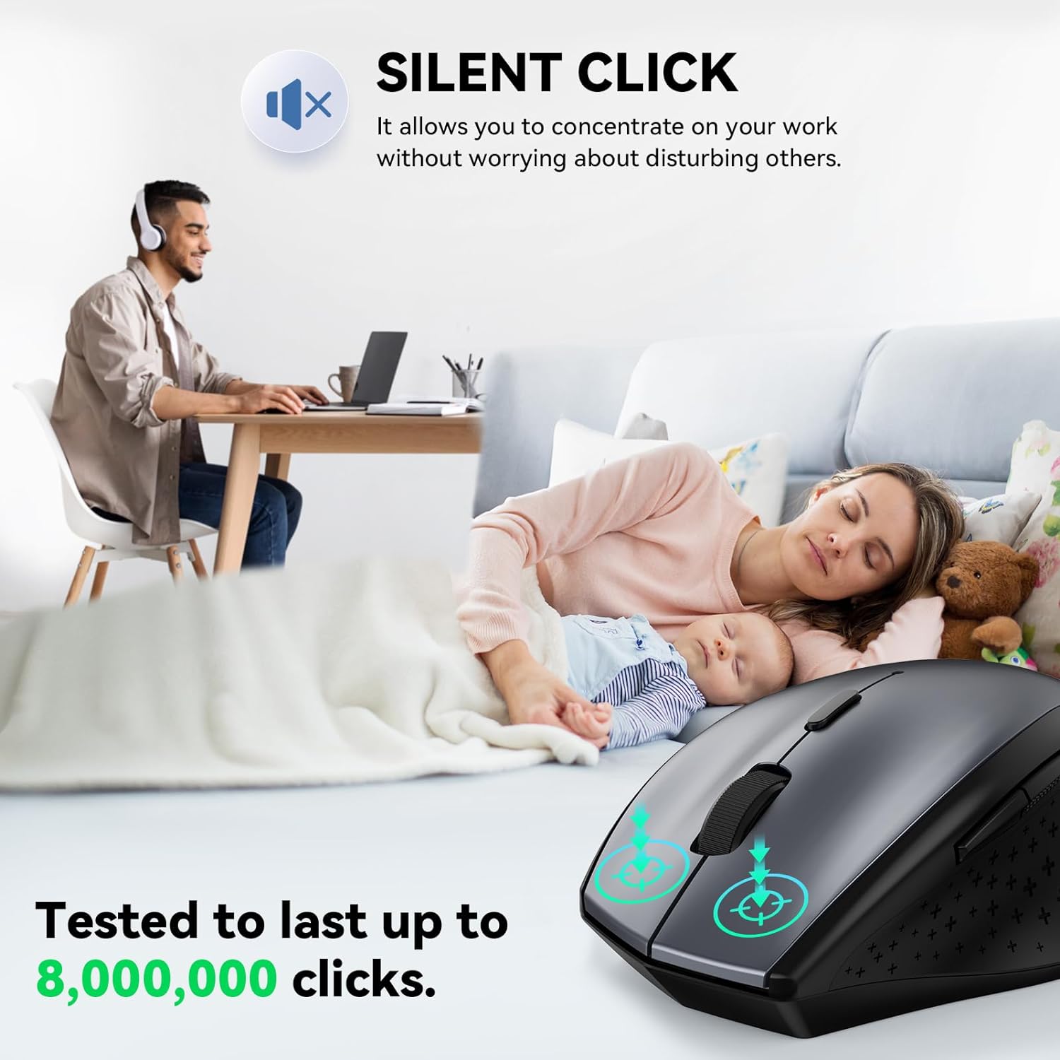TECKNET Wireless Mouse, 2.4G USB Computer Mouse with 6-Level Adjustable 4800 DPI, Silent Quiet Click,30 Months Battery, Ergonomic Grips, 6 Buttons Portable for PC, Chromebook, Mac - Grey - Image 3