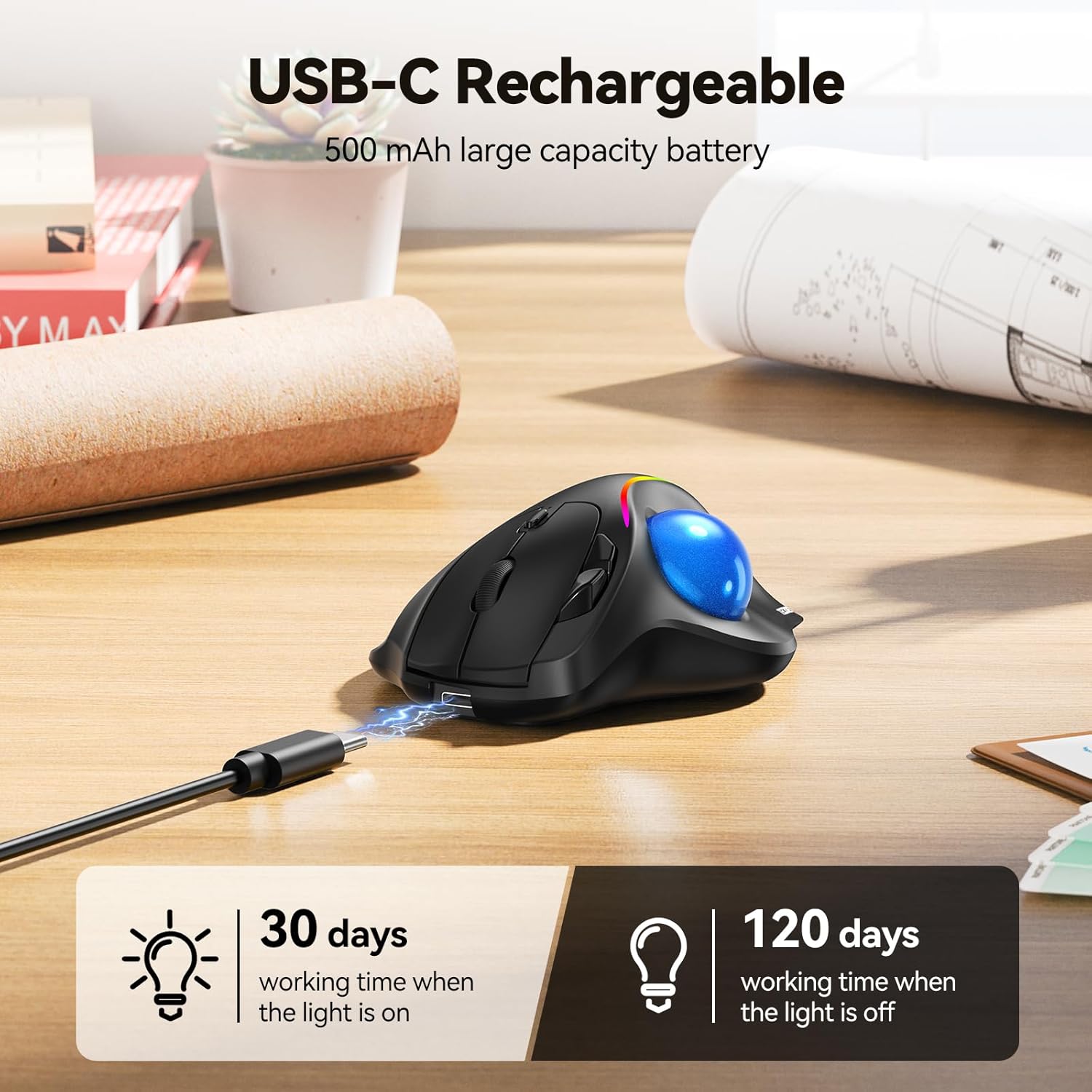 TECKNET Pro Wireless Trackball Mouse, Bluetooth Mouse with Ergonomic Thumb Control, USB-C Rechargeable, RGB Light Mice with Adjustable DPI, 3-Device Connectivity (BT or 2.4G),for PC/Mac/Laptop - Black - Image 5