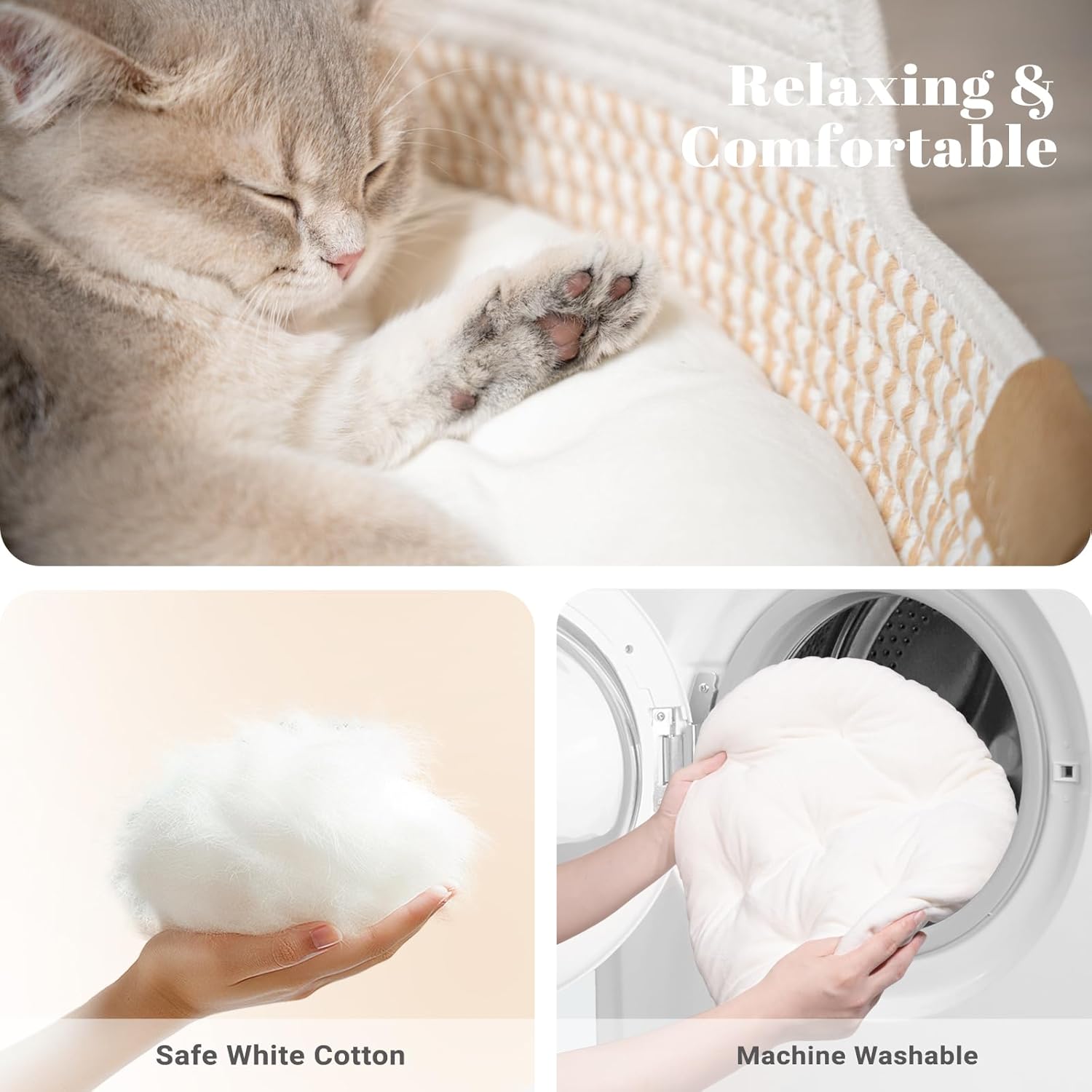 CHEERHOME PETS Cat Bed Basket with Cushion, Cotton Rope Woven Pet Bed for Indoor Cats Couch, Stimulicat Cat Bed Handwoven Breathable, All Season Universal (White) - Image 3