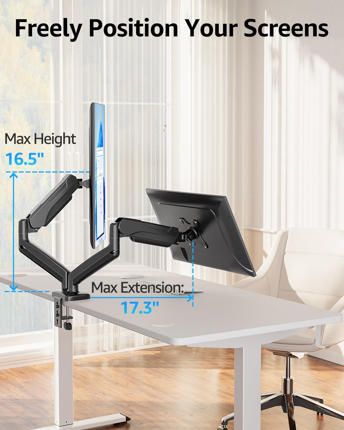 MOUNTUP Dual Monitor Stand for Desk, Monitor Arms for 2 Monitors 32 27 24 22 Inches, Height Adjustable Double Monitor Mount, VESA Mount with C-Clamp & Grommet Base, Holds 4.4-17.6lbs - Image 6